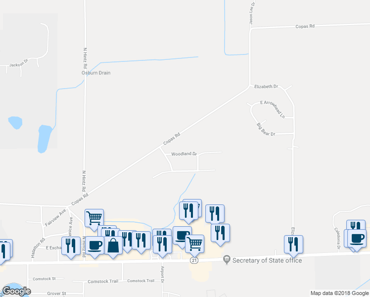 map of restaurants, bars, coffee shops, grocery stores, and more near 1845 Woodland Drive in Owosso