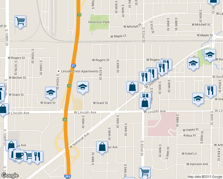 map of restaurants, bars, coffee shops, grocery stores, and more near 2144 South 96th Street in West Allis