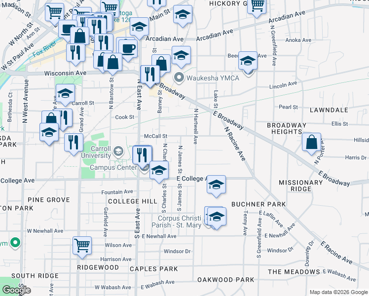 map of restaurants, bars, coffee shops, grocery stores, and more near 227 N James St in Waukesha