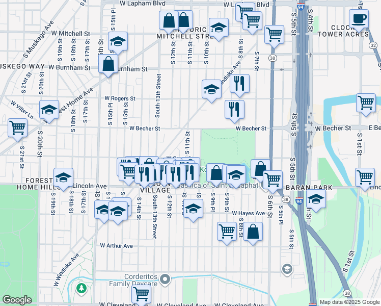 map of restaurants, bars, coffee shops, grocery stores, and more near 2166-2168 South 11th Street in Milwaukee