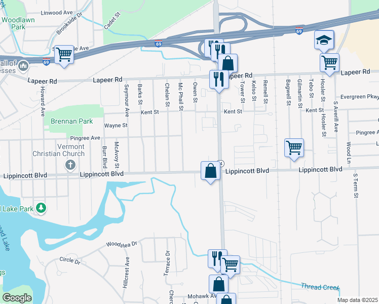 map of restaurants, bars, coffee shops, grocery stores, and more near 2101 Lippincott Boulevard in Flint