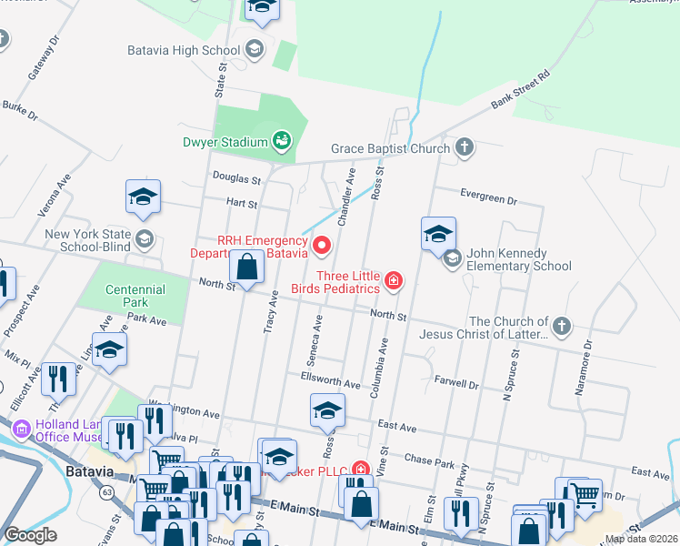 map of restaurants, bars, coffee shops, grocery stores, and more near 10 Chandler Avenue in Batavia