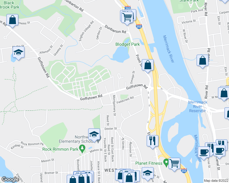 map of restaurants, bars, coffee shops, grocery stores, and more near Goffstown Road in Manchester