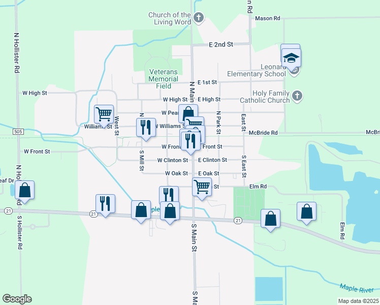 map of restaurants, bars, coffee shops, grocery stores, and more near 114 South Main Street in Ovid