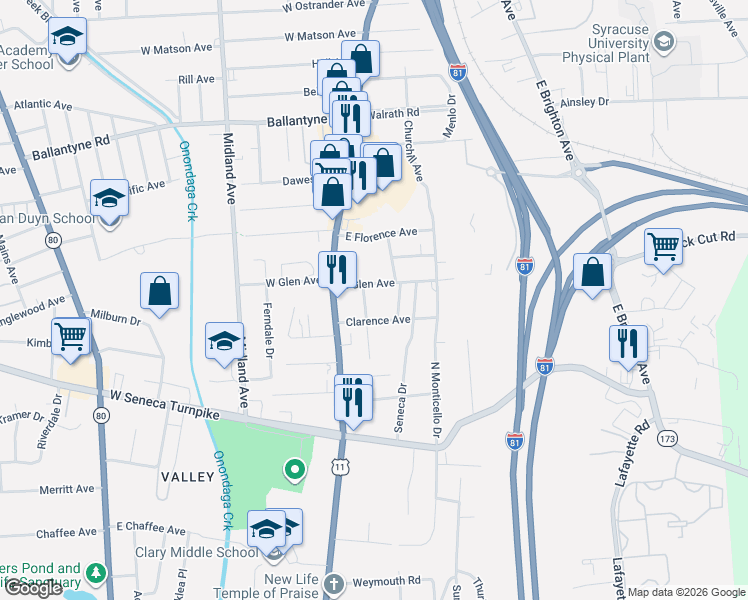 map of restaurants, bars, coffee shops, grocery stores, and more near 219 Randolph St in Syracuse