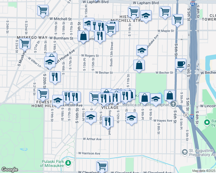 map of restaurants, bars, coffee shops, grocery stores, and more near 2169 South 13th Street in Milwaukee