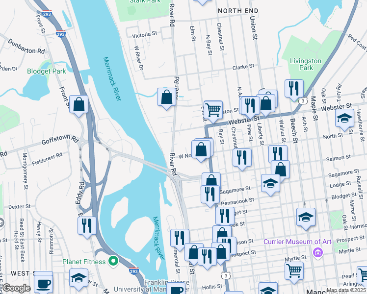map of restaurants, bars, coffee shops, grocery stores, and more near 24 West North Court in Manchester