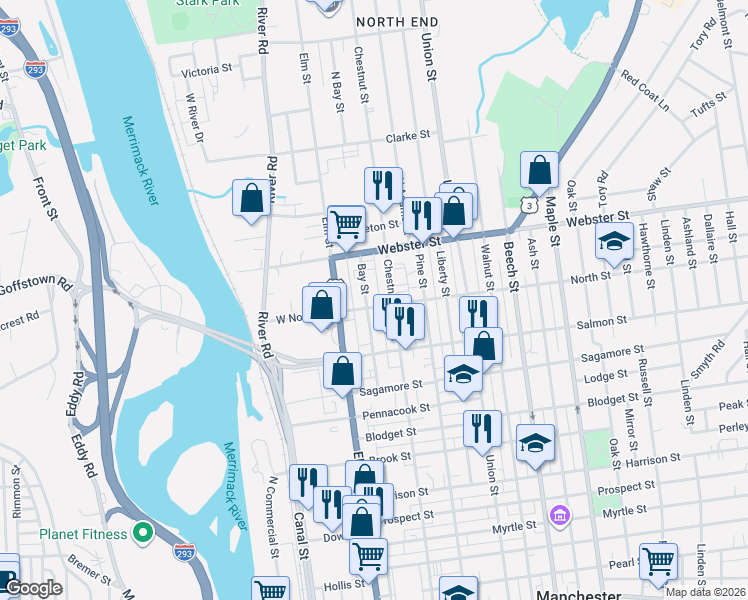 map of restaurants, bars, coffee shops, grocery stores, and more near 36 North Street in Manchester