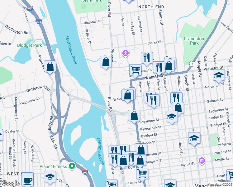 map of restaurants, bars, coffee shops, grocery stores, and more near 24 West North Court in Manchester
