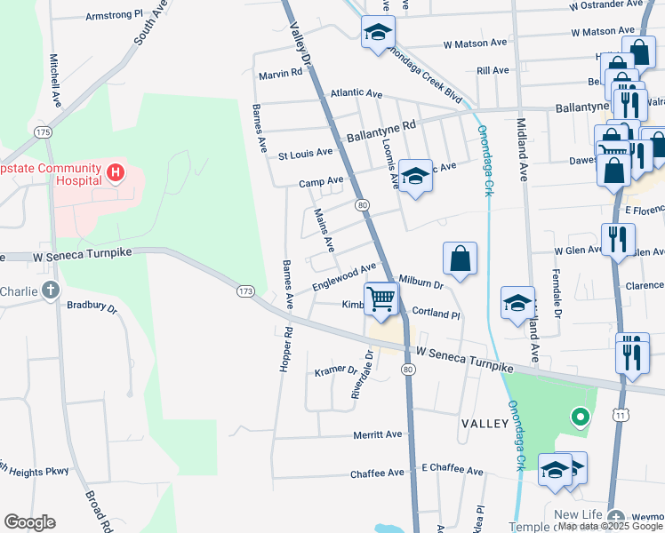map of restaurants, bars, coffee shops, grocery stores, and more near 410 Mains Avenue in Syracuse