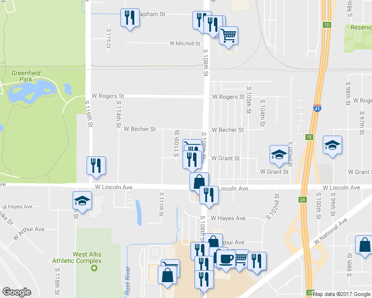 map of restaurants, bars, coffee shops, grocery stores, and more near 2157 South 109th Street in West Allis