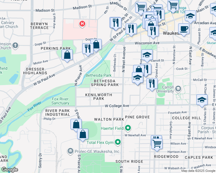 map of restaurants, bars, coffee shops, grocery stores, and more near 550 Elizabeth Street in Waukesha