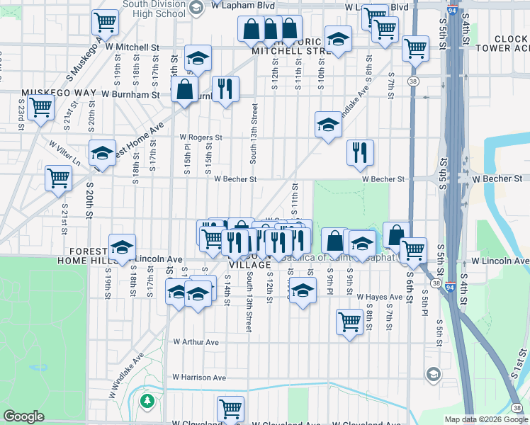 map of restaurants, bars, coffee shops, grocery stores, and more near 1134-1136 West Grant Street in Milwaukee