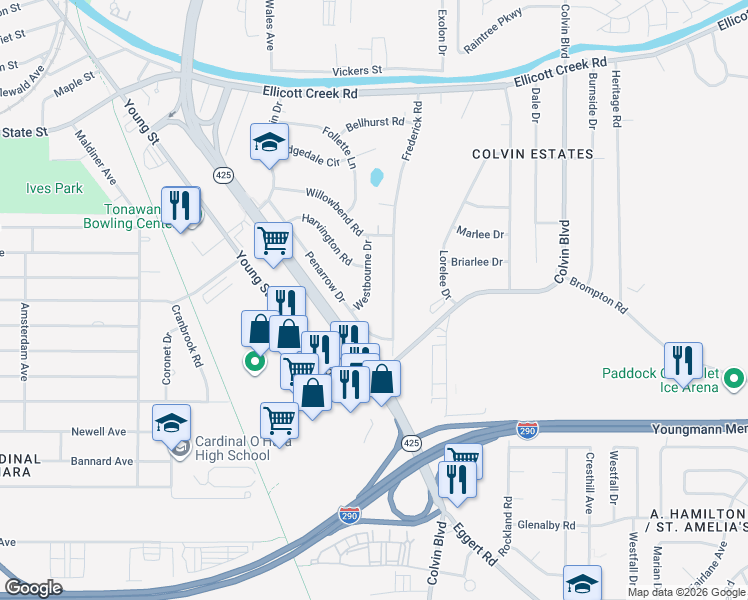 map of restaurants, bars, coffee shops, grocery stores, and more near 49 Westbourne Dr in Tonawanda
