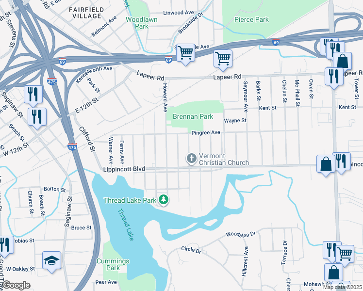 map of restaurants, bars, coffee shops, grocery stores, and more near 2021 Winans Avenue in Flint