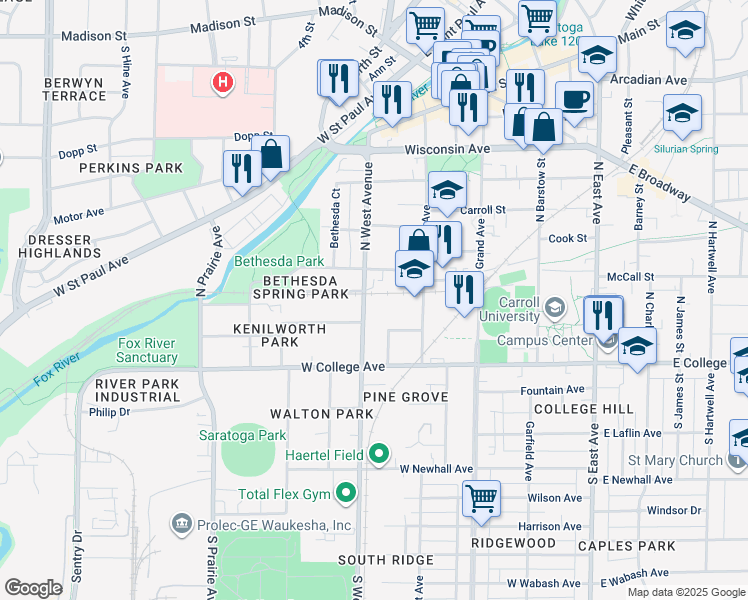 map of restaurants, bars, coffee shops, grocery stores, and more near 219 North West Avenue in Waukesha
