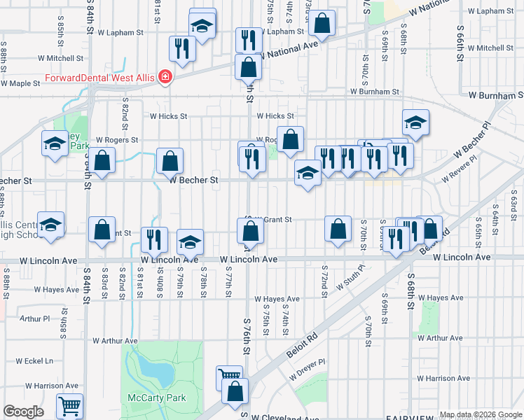 map of restaurants, bars, coffee shops, grocery stores, and more near 2161 South 75th Street in West Allis