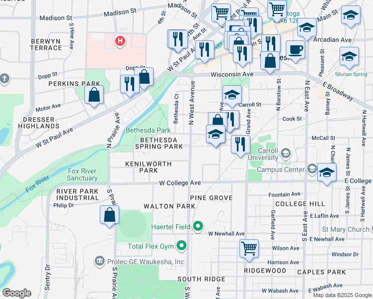 map of restaurants, bars, coffee shops, grocery stores, and more near 218 North West Avenue in Waukesha