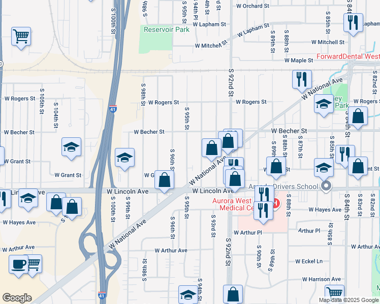 map of restaurants, bars, coffee shops, grocery stores, and more near 2142 South 95th Street in West Allis