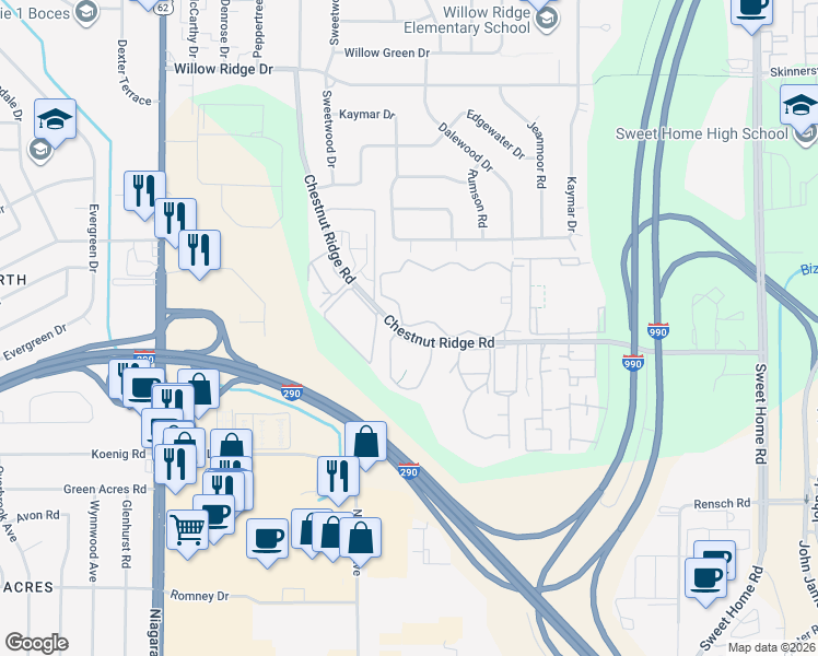 map of restaurants, bars, coffee shops, grocery stores, and more near 4393 Chestnut Ridge Road in Buffalo
