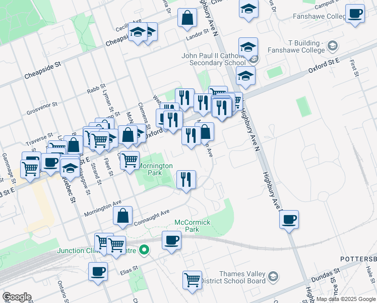 map of restaurants, bars, coffee shops, grocery stores, and more near 121 Empire Street in London
