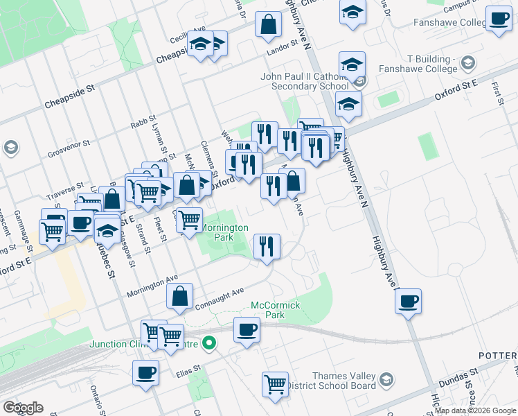 map of restaurants, bars, coffee shops, grocery stores, and more near 121 Empire Street in London