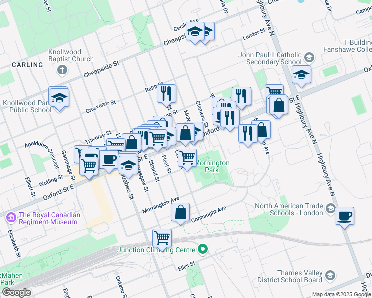 map of restaurants, bars, coffee shops, grocery stores, and more near 1057 Oxford Street East in London