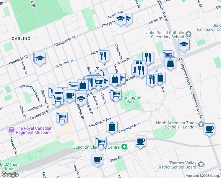 map of restaurants, bars, coffee shops, grocery stores, and more near 1057 Oxford Street East in London