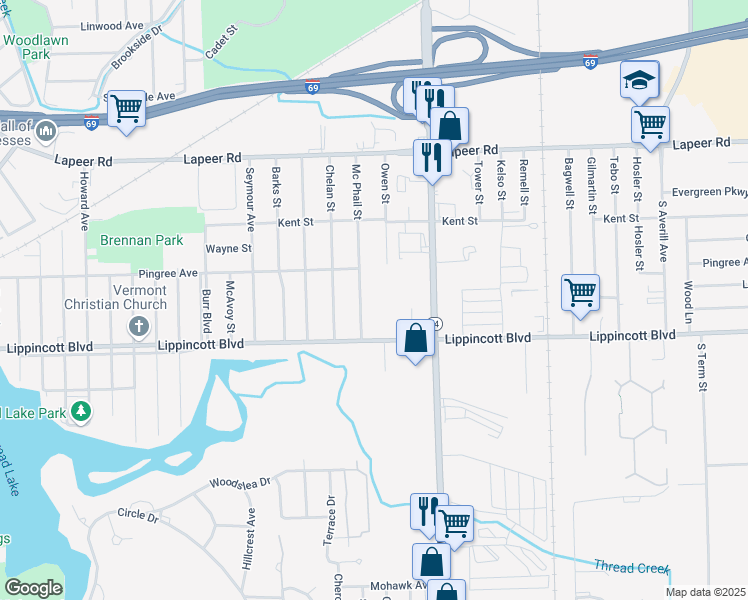 map of restaurants, bars, coffee shops, grocery stores, and more near 2101 Lippincott Boulevard in Flint