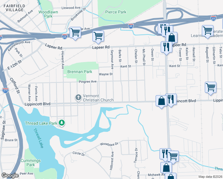 map of restaurants, bars, coffee shops, grocery stores, and more near 2021 McAvoy Street in Flint