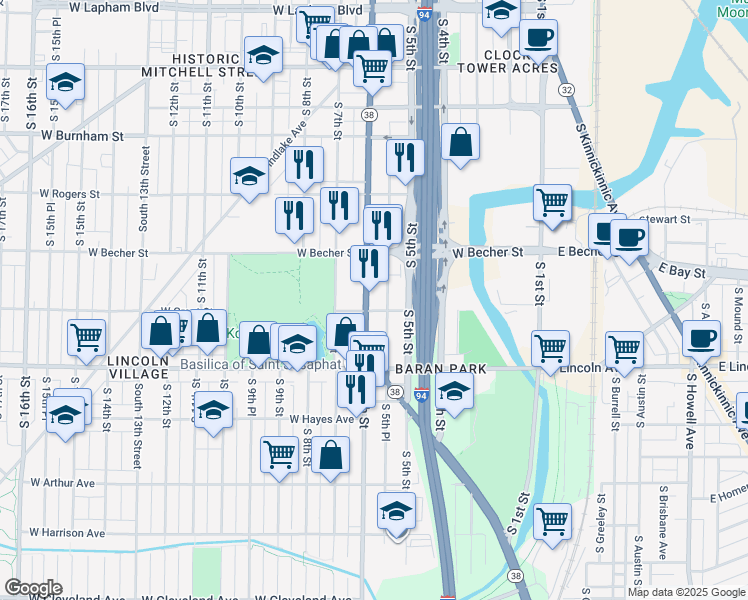 map of restaurants, bars, coffee shops, grocery stores, and more near 2165 South 5th Place in Milwaukee
