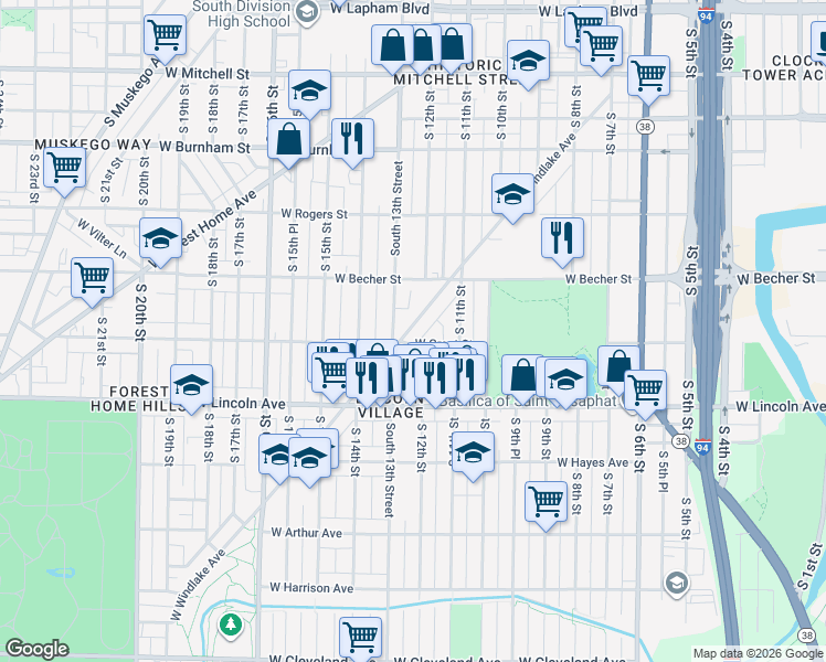 map of restaurants, bars, coffee shops, grocery stores, and more near 1134-1136 West Grant Street in Milwaukee