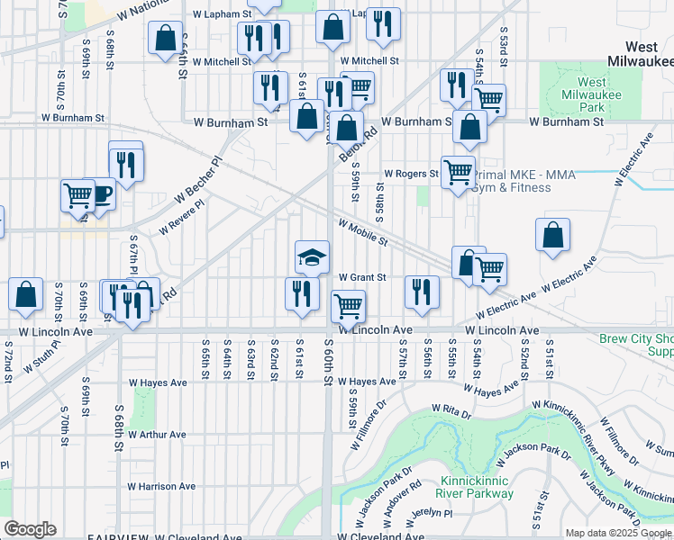 map of restaurants, bars, coffee shops, grocery stores, and more near 2186 South 60th Street in West Allis