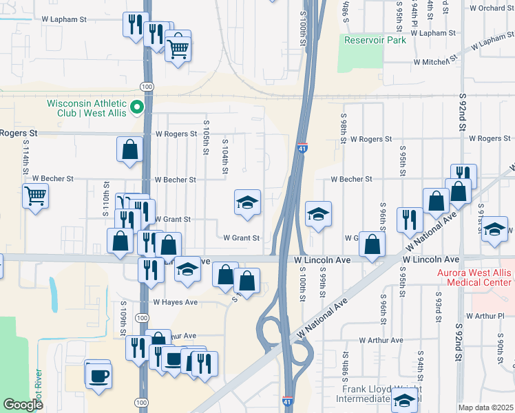map of restaurants, bars, coffee shops, grocery stores, and more near 2147 South 102nd Street in West Allis