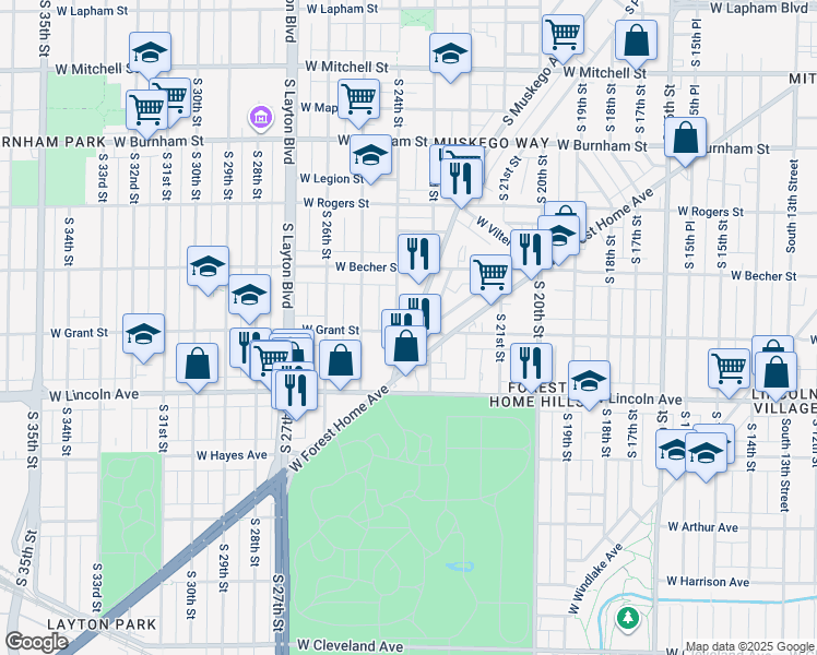 map of restaurants, bars, coffee shops, grocery stores, and more near 2183 South Muskego Avenue in Milwaukee