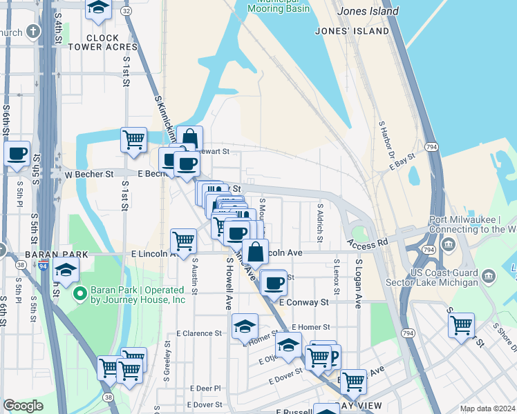 map of restaurants, bars, coffee shops, grocery stores, and more near 2139 South Mound Street in Milwaukee