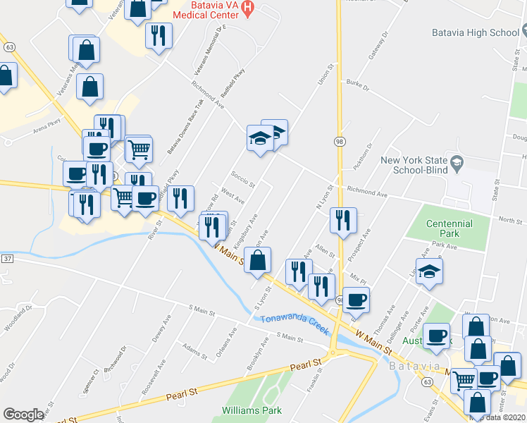 map of restaurants, bars, coffee shops, grocery stores, and more near 40 Kingsbury Avenue in Batavia