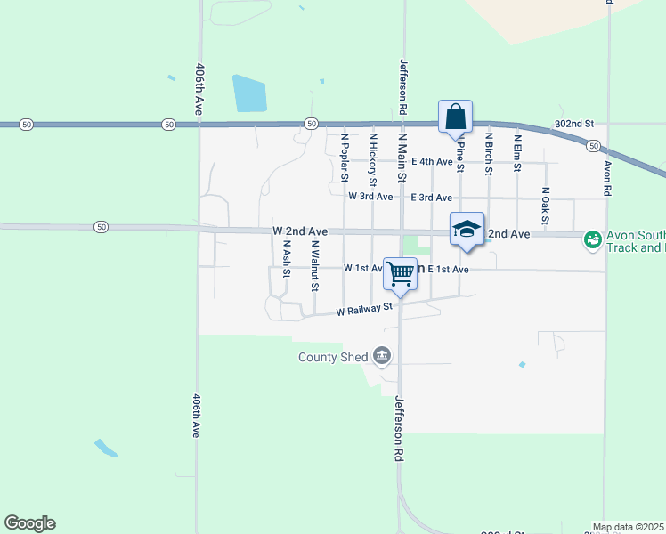 map of restaurants, bars, coffee shops, grocery stores, and more near 307 West 1st Avenue in Avon