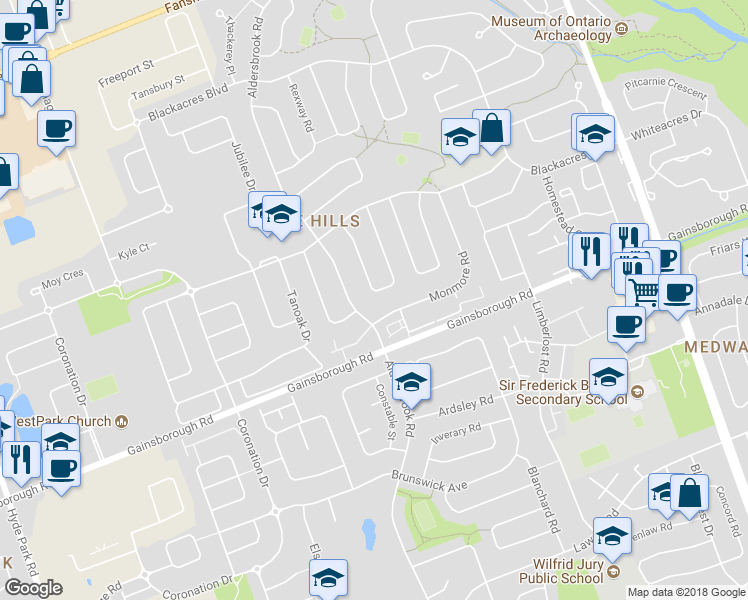 map of restaurants, bars, coffee shops, grocery stores, and more near 86 Sandalwood Crescent in London