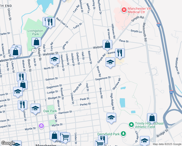 map of restaurants, bars, coffee shops, grocery stores, and more near 225 Smyth Road in Manchester