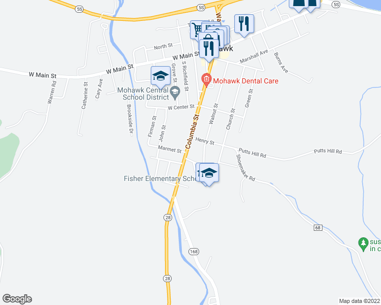 map of restaurants, bars, coffee shops, grocery stores, and more near 83 Columbia Street in Mohawk