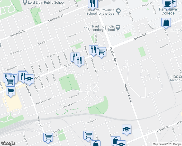 map of restaurants, bars, coffee shops, grocery stores, and more near 46 Empire Street in London