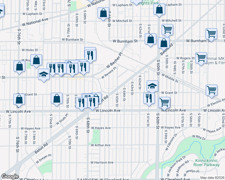 map of restaurants, bars, coffee shops, grocery stores, and more near 2190 South 66th Street in West Allis