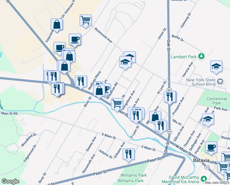 map of restaurants, bars, coffee shops, grocery stores, and more near 16 Woodrow Rd in Batavia