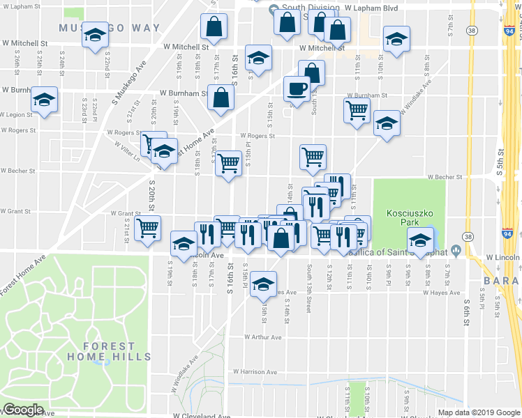 map of restaurants, bars, coffee shops, grocery stores, and more near 2167 South 15th Street in Milwaukee