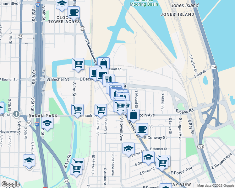 map of restaurants, bars, coffee shops, grocery stores, and more near 2168 South Kinnickinnic Avenue in Milwaukee