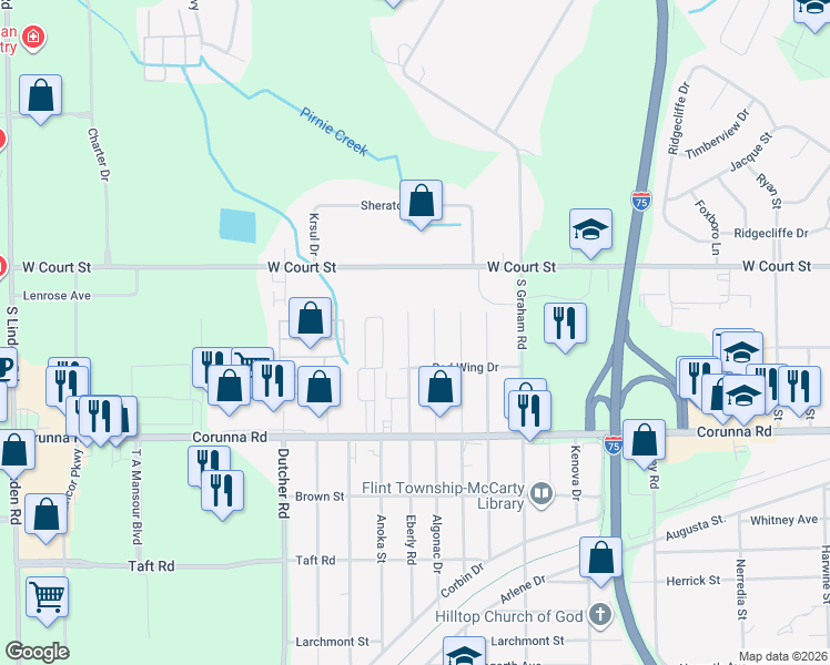 map of restaurants, bars, coffee shops, grocery stores, and more near 1535 Eberly Road in Flint