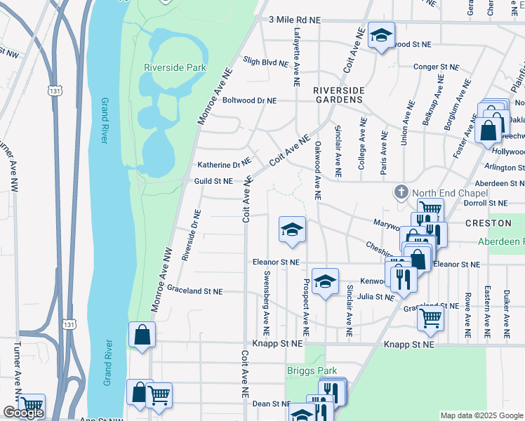 map of restaurants, bars, coffee shops, grocery stores, and more near 2305 Lawrence Street Northeast in Grand Rapids