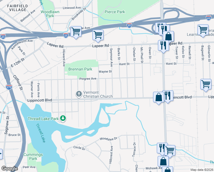 map of restaurants, bars, coffee shops, grocery stores, and more near 2021 McAvoy Street in Flint