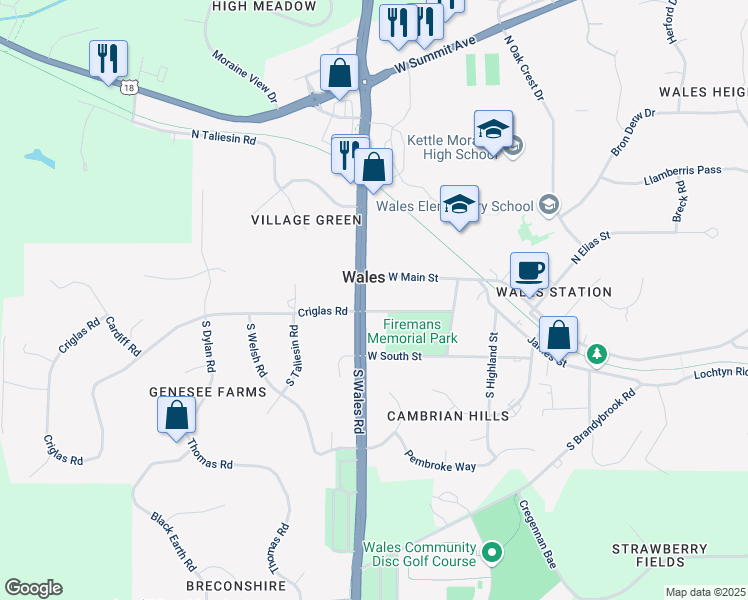 map of restaurants, bars, coffee shops, grocery stores, and more near 116 South Wales Road in Wales